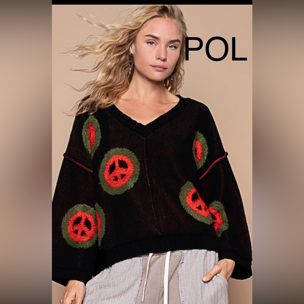 BP20🖤❤️NEW!POL peace offering boho v-neck sweater in black w/red+green ☮️